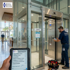 Technician inspecting glass elevator with service checklist on tablet.